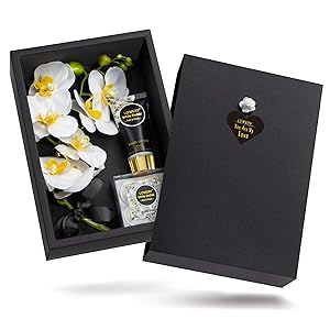 Home Spa Gift Baskets for Women - Bath and Body Gift Baskets for Men – Holiday and Birthday Gifts, Plant Essential Oil with Bouqet of White Orchid Soaps, Orchid Scented Hand Lotion & 4 Bath Bombs