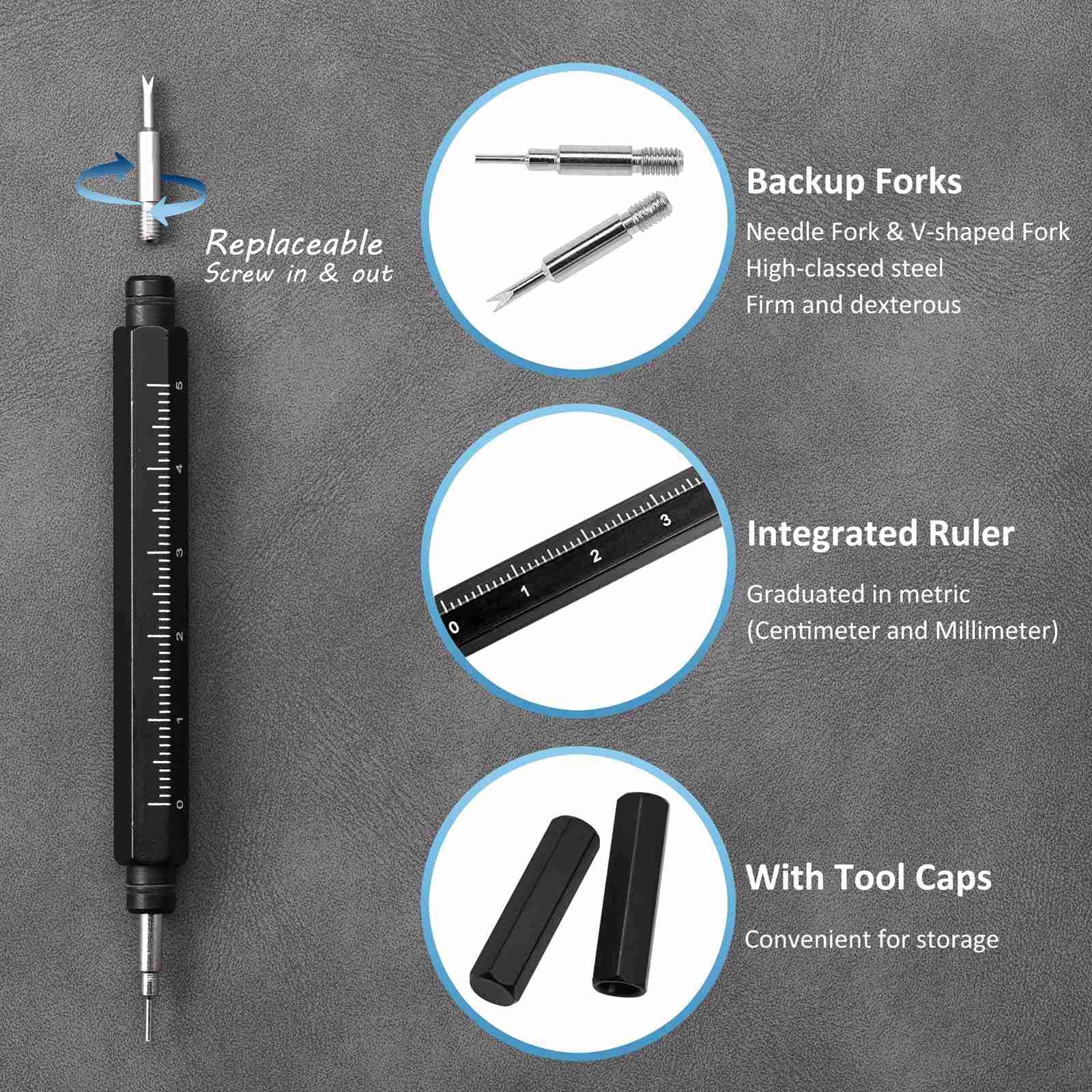 WOCCI Premium Repair Tool Kit for Remove Install Watch Bands Spring Bars Pins - Stainless Steel Tool with Caps, Replacement Fork and Cleaning Cloth