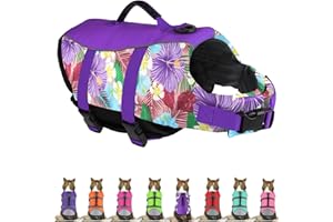 Mklhgty Hawaiian Dog Life Jacket - Adjustable Ripstop Vest with Rescue Handle for Swimming Boating, High-Flotation Safety Device for Small Medium Large Dogs (Floral Purple, M)