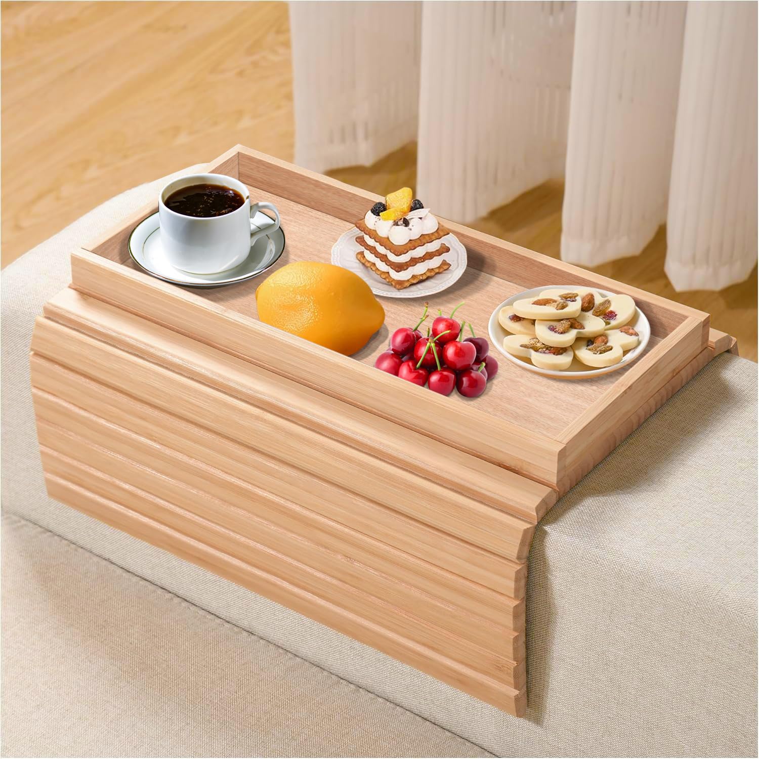 Duscdesp Bamboo B Rectangular Arm Tray, Anti-Slip, Anti-Fall Baffle, Foldable, Rustic