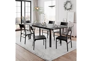Einhomn 7-Piece Dining Room Table Set with 6 Chairs, 63" Extendable Dining Table & Chairs Set for 4-6, MDF Board & Metal Frame, Dinette for Kitchen, Dining Room, Black