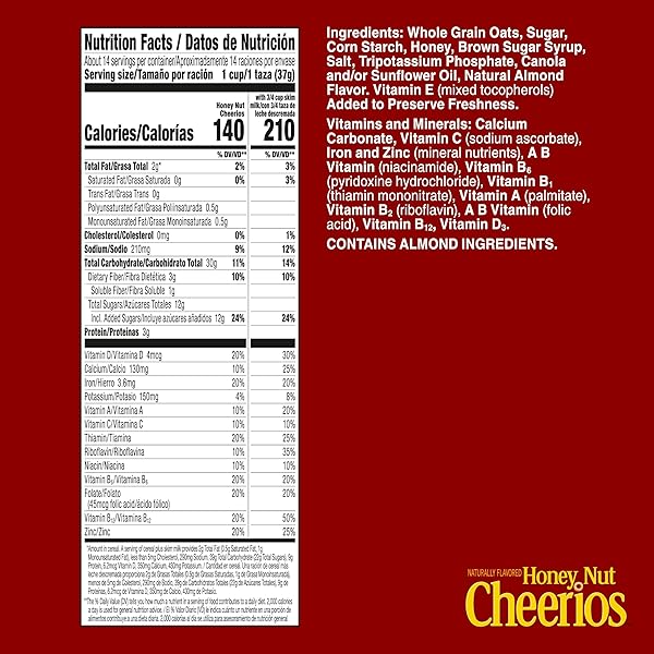 HONEY NUT CHEERIOS, HEART HEALTHY GLUTEN FREE BREAKFAST CEREAL WITH WHOLE GRAIN OATS, FAMILY SIZE, 18.8 OZ