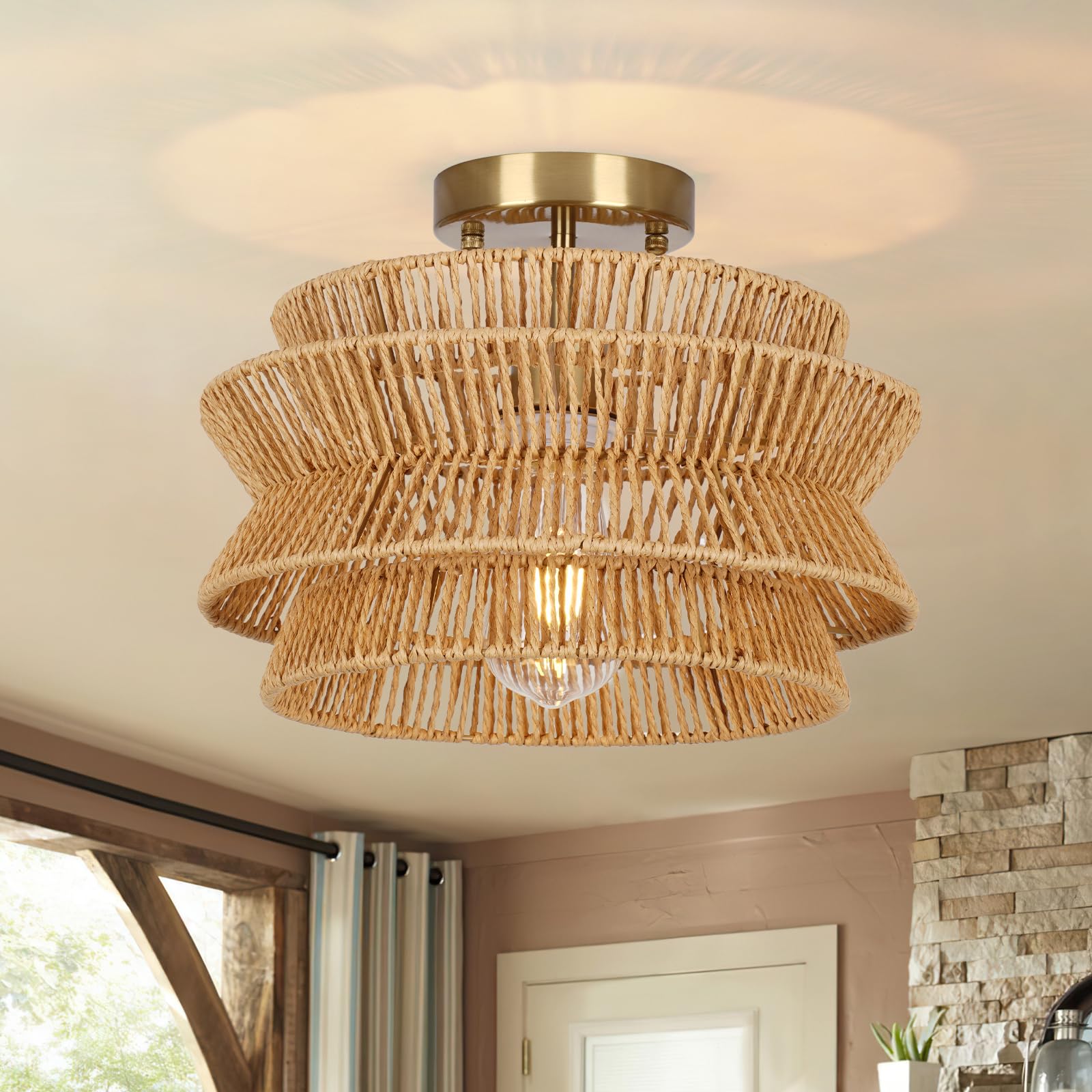 Photo 1 of Boho Light Fixtures Ceiling Mount,12.6''Coastal Rattan Semi Flush Mount Ceiling Light,Farmhouse Rattan Ceiling Light ,Boho Home Decor,Gold Nursery Ceiling Lights for Bedroom Kitchen Entryway Hallway