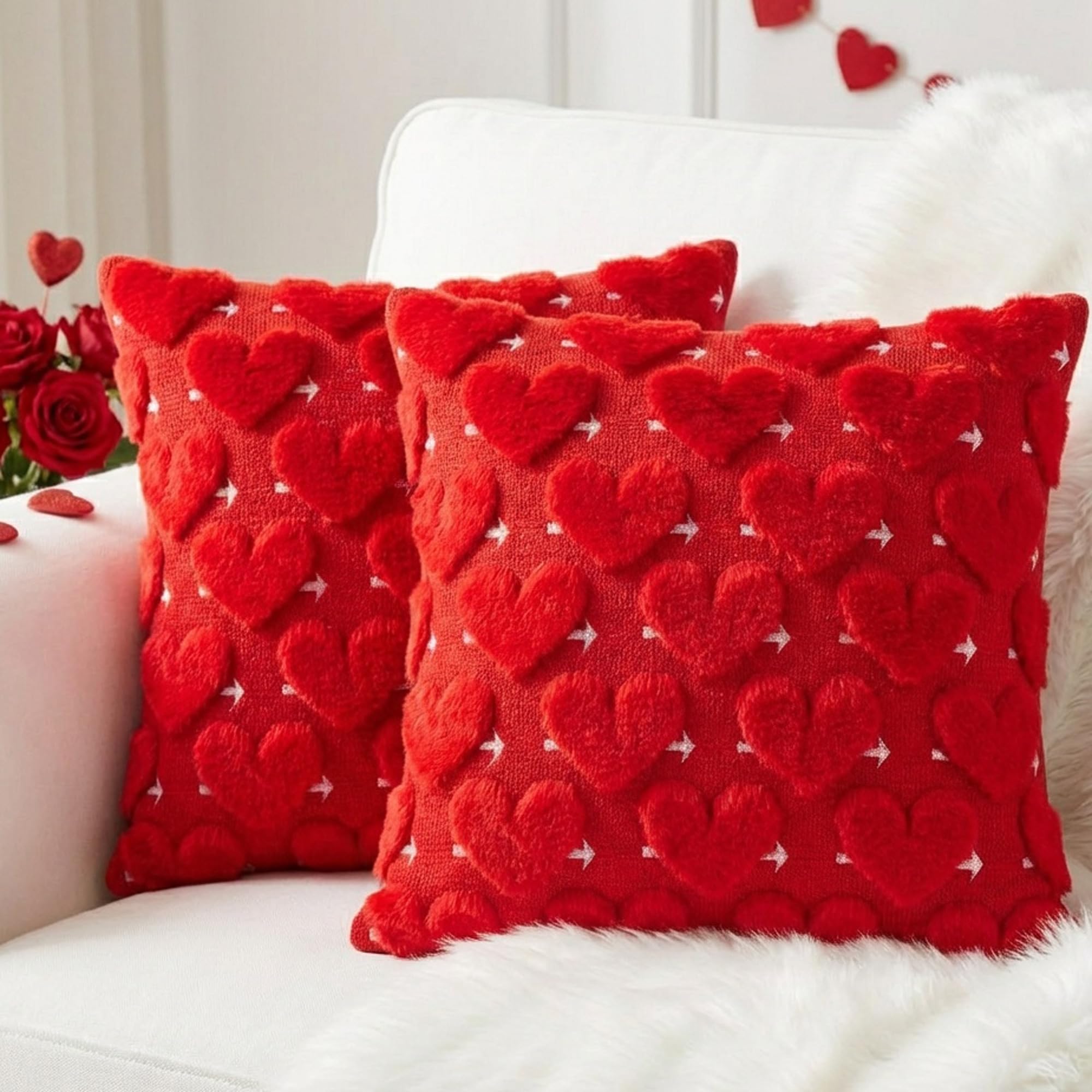 Vermeyen Valentines Pillow Covers 18x18 inch Set of 2 Valentines Day Decoration Soft Plush Faux Fur Red Heart Throw Pillows Bedroom Sofa Holiday Festivals Home Decor