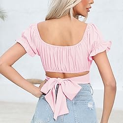 COOUFE Women's Crop Tops Ruffle Short Sleeve Tie