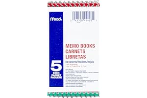 Mead Wirebound Memo Book, 3” x 5”, College Ruled, 120 Pages/60 Sheets, Assorted Colour Covers, Pack of 5, (45428)