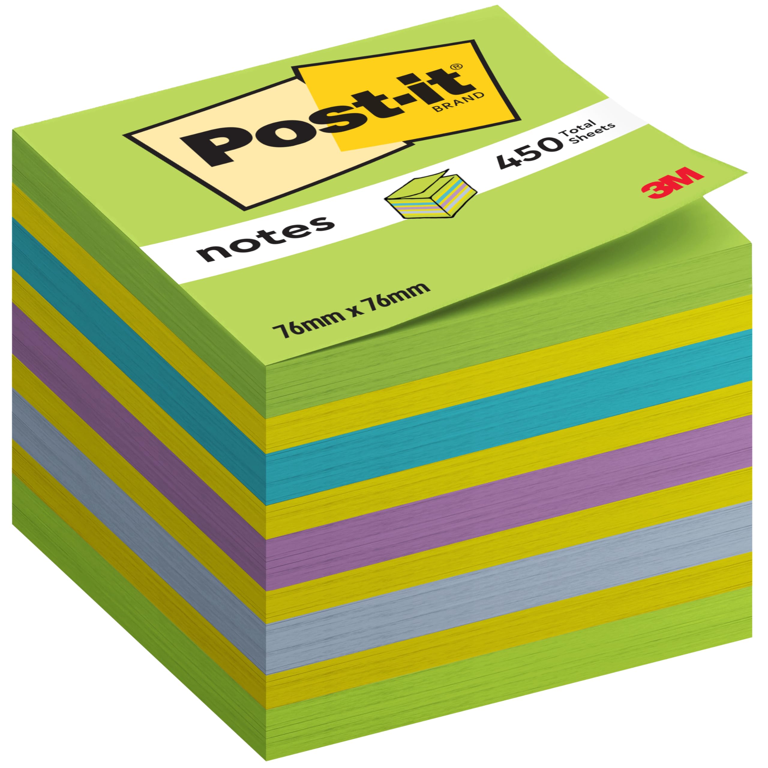 Post-it Notes Cube, Blue and Green - 1 Pad, 450 Sheets 76 mm x 76 mm, 100% PEFC - Extra Sticky Notes for Walls, Monitors and Fridge