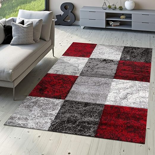 Tapis De Designer Valence Moderne Aspect Marbre Carreaux Chiné Rouge Gris Blanc Dimension120x170 Cm