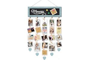 EXQUIDECA Picture Frames Collage Display Board with 30 Clips - Multi Photos Cards Organizer with Adjustable Twines and Magnetic Blackboard - DIY Wall Decor Hanging Picture Holder 15.7x5 Inches