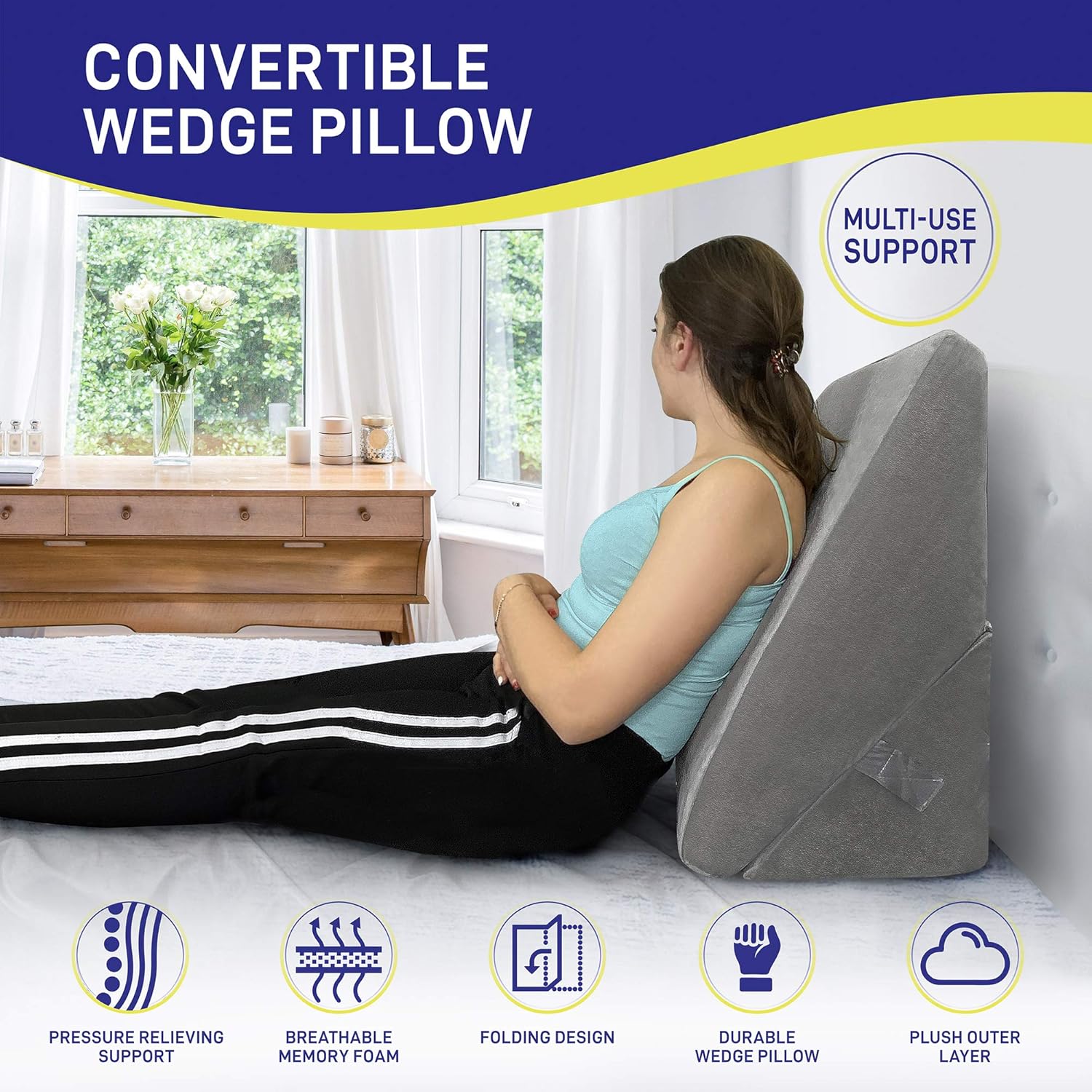 Healthex Bed Wedge Pillow - Memory Foam Top Adjustable 9&12 inch Folding Incline Cushion, for Legs and Back Support Pillow, Acid Reflux, Heartburn, Allergies, Snoring, Reading- Soft Washable Cover: Health & Personal Care
