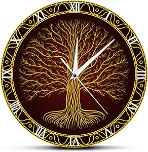 YUANYUAN Wall Clock Nordic Sacred Symbol Druidic Yggdrasil Tree Printed Wall Clock Tree of Life Viking Mystic Amulet Wall Art Decor Mute Wall Watch for Home/Study Room/Office/Hotel/School Clock