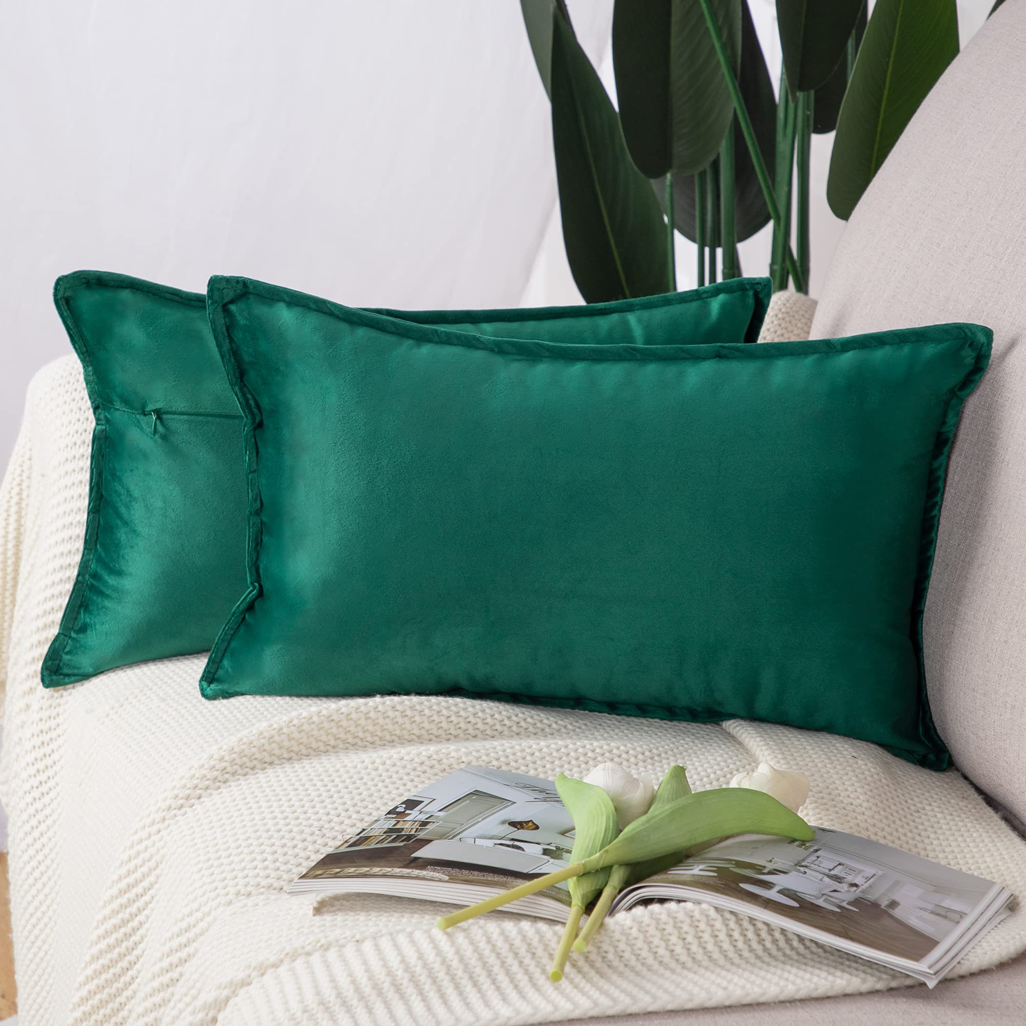 Madizz Pack of 2 Super Soft Velvet Decorative Cushion Covers with Fringe Luxury Style Cushion Case Pillow Shell for Sofa Bedroom Green 12x20 inch, 30x50 cm Rectangular