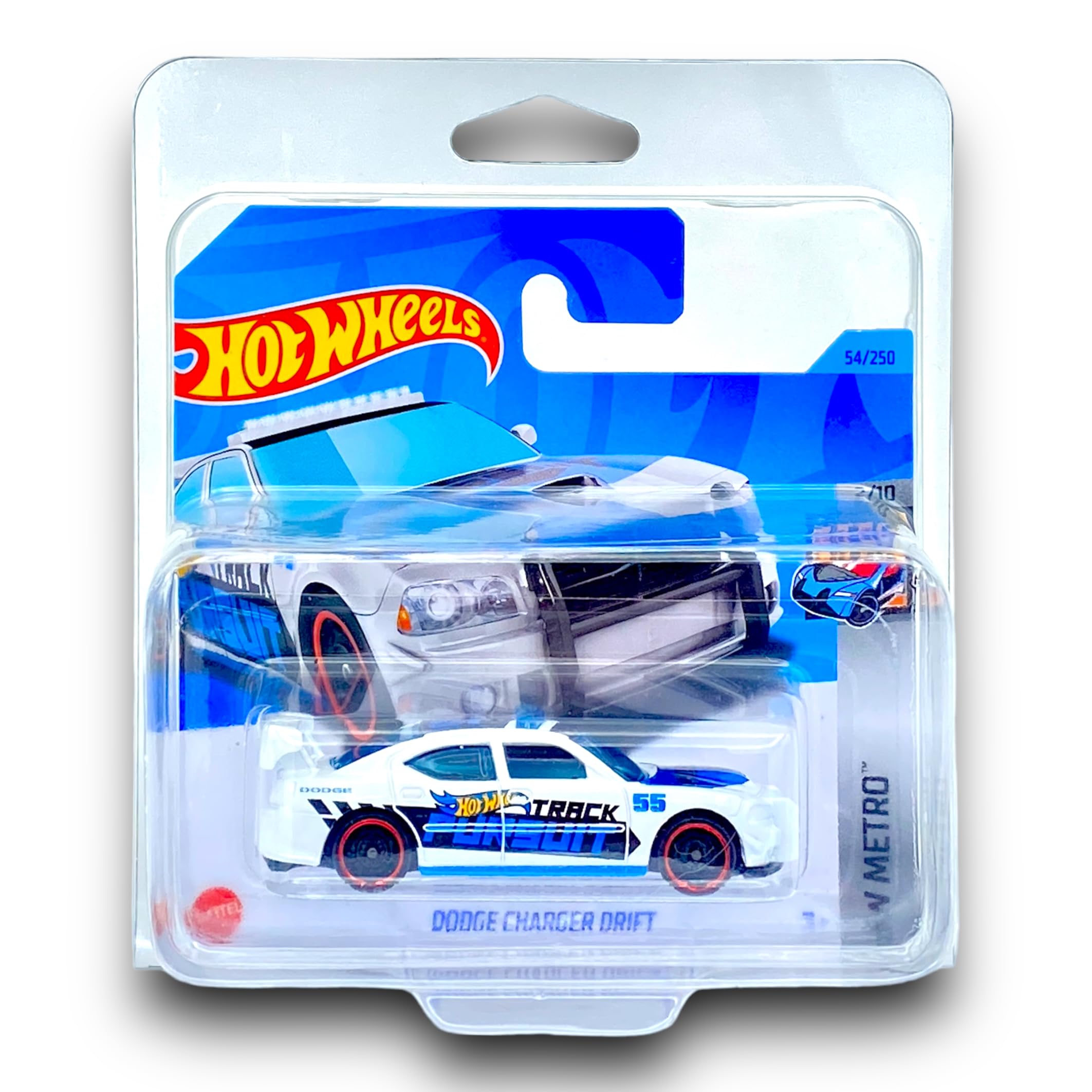 Hot Wheels Dodge Charger Drift (White, Blue & Black) 2/10 HW Metro - 2023-54/250 (Short Card) - COMES IN A KLAS CAR KEEPER PROTECTIVE COLLECTORS CASE - HKJ69