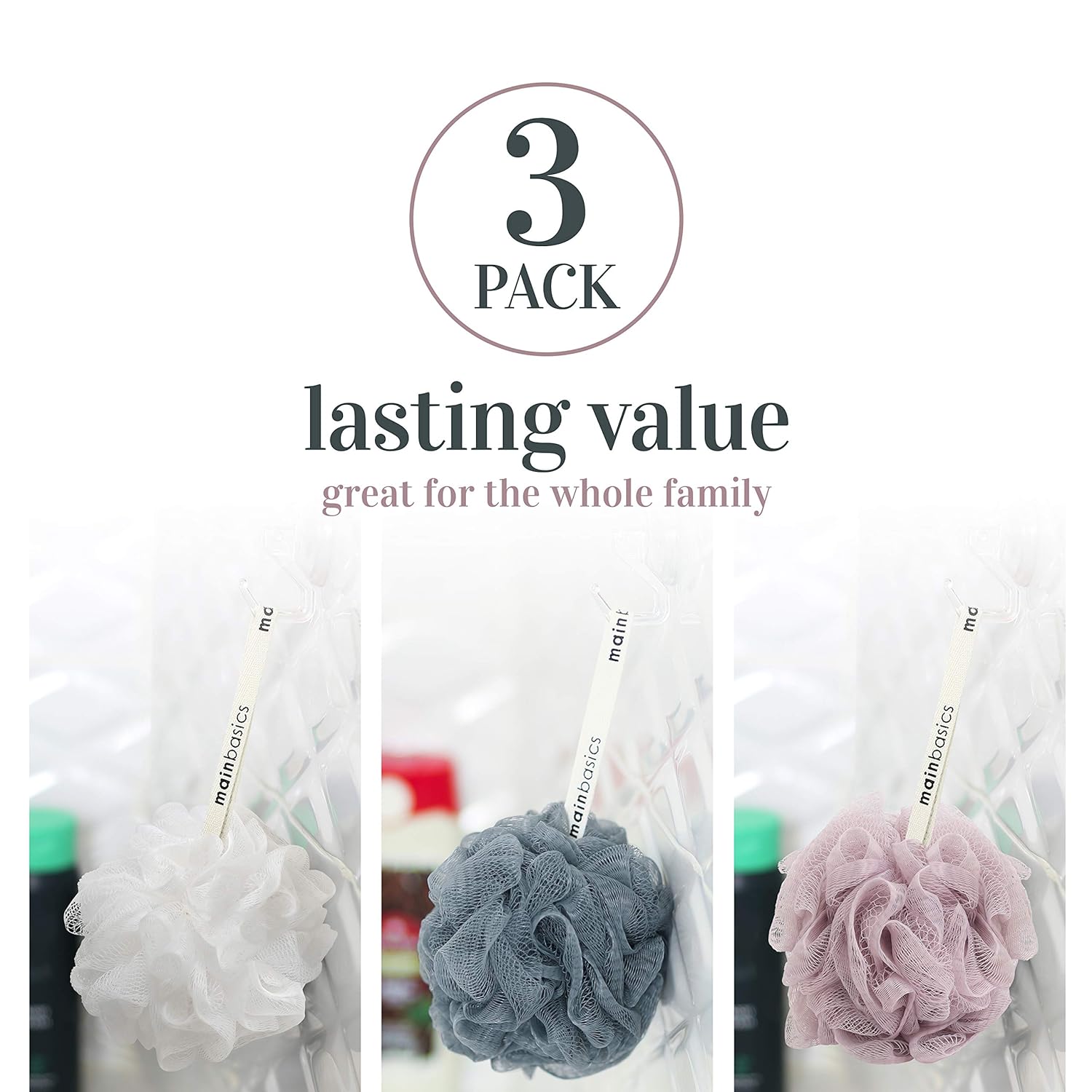 MainBasics Bath Shower Loofah Sponge Pouf Body Scrubber Exfoliator (Set of 3): Beauty