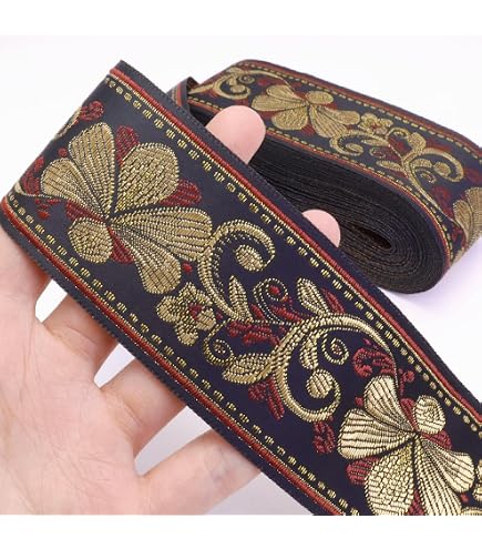Jacquard-Band – Palmen-Muster, Bordeaux-gold, 35 Mm Breit, 10 M Lang