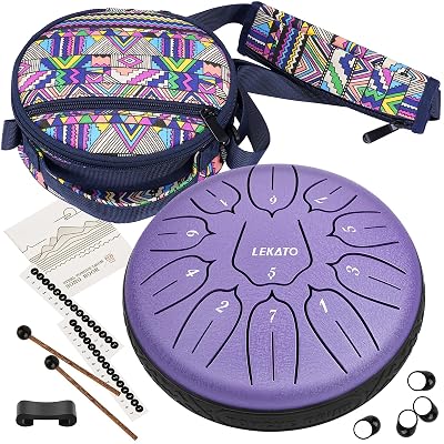 LEKATO 6 Inch 11 Notes Steel Tongue Drum with Sturdy Nylon Bag, Beginner Music GIft for Families/Friends, D Major, Purple