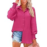 siliteelon Button Down Striped Shirts for Women Smocked Cuffed Long Sleeve Oversized Boyfriend Blouses Collared Work Tops