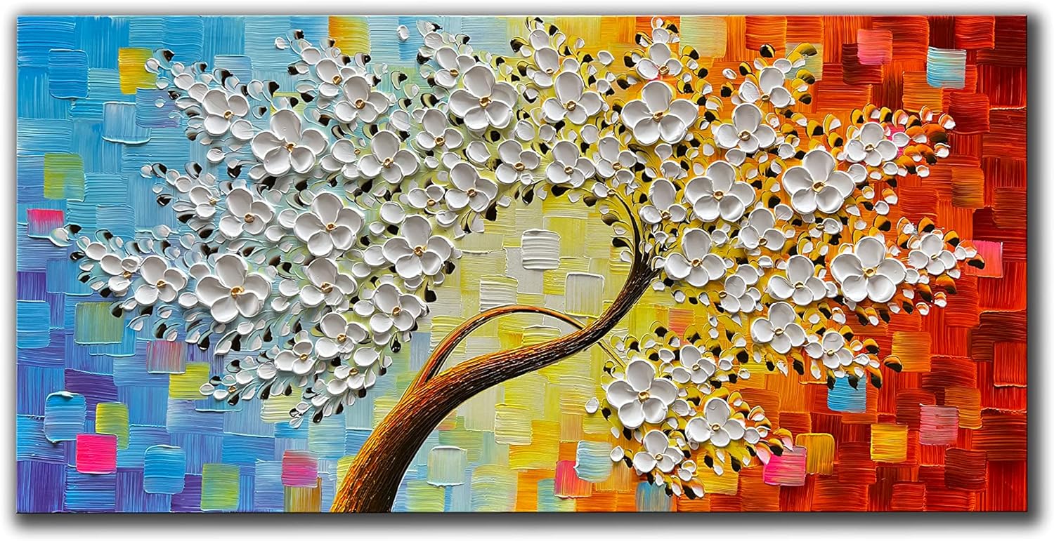 Paintings - JELRINR Handmade Contemporary Art Oil Painting On Canvas Texture colorful White Flower Tree paintings Canvas Wall Abstract Artwork Home living Room Decor painting Ready to Hang 24x48 inch