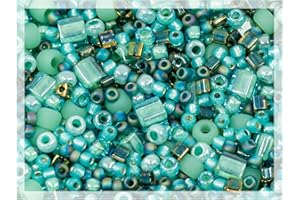 0.35oz (10g) Mix of Small Rocailles, Seed Beads & Bugles 2-10mm TOHO JAPANESE Glass Beads, Mix TOHO Turquoise (like 3203 - Ta