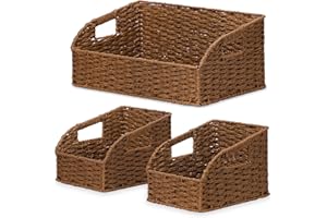 Stylave Pantry Organizers, Wicker Storage Baskets for Fruit, Bread, Vegetable, Boho Decorative Basket, Shelf Baskets for Kitchen Counter with Handles, Paper Storage Bins for Shelves, 3 Pack, Brown