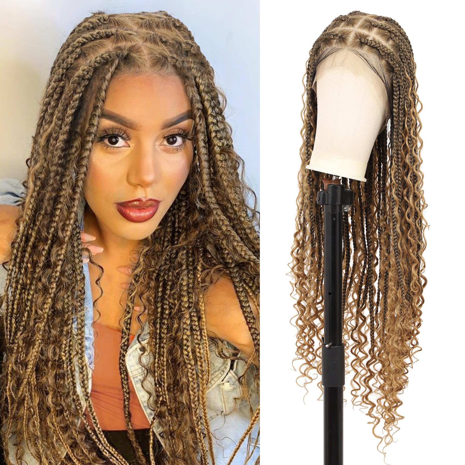 Photo 1 of Olymei 360° HD Full Lace Braided Wigs Boho Braided Wigs Square Knotless Braided Wigs for Women Box Braid Wig with Curly End Braided Lace Front Wigs with Baby Hair Human Hair Blended 36" Light Brown