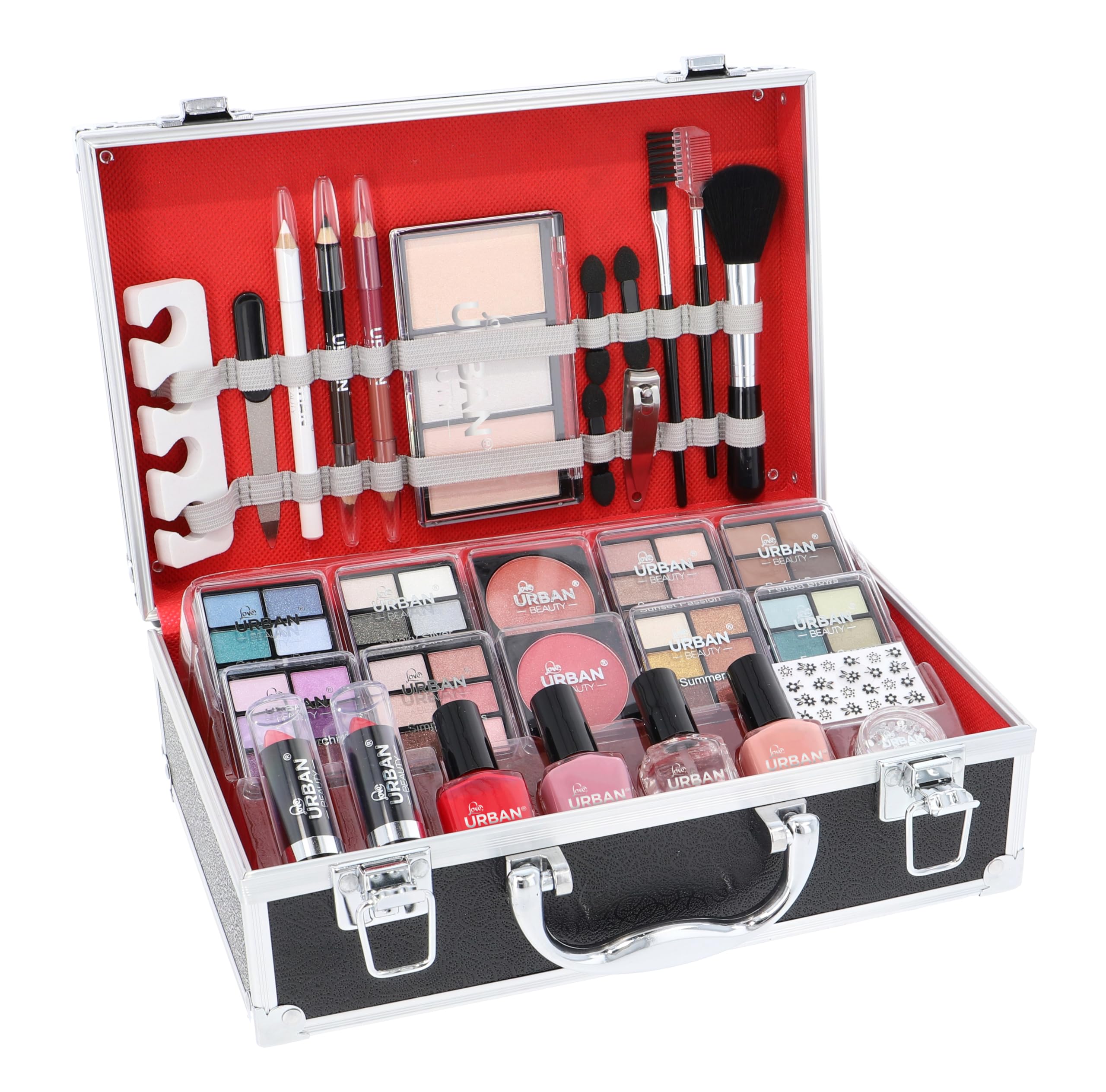 Love Urban Beauty Divine Beauty Vegan French Manicure Makeup Box – 76-Piece Makeup Sets – Includes Eyeshadows, Highlighter, Lipstick, Blush, Brushes, Manicure Accessories – Ideal Vanity Case for Home