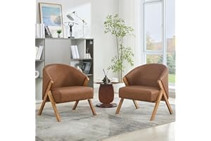 Modern Mid-Century Accent Chair - Upholstered PU Leather Armchair with Wooden Frame and Shallow Walnut Legs - Comfortable for