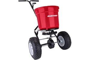 EarthWay 2150 Commercial 50 LB Broadcast Fertilizer Spreader. Heavy-Duty Walk-Behind Push Garden Seeder with Adjustable Drop Rate and Driving Handle. Large 13 inch Pneumatic Stud Tires