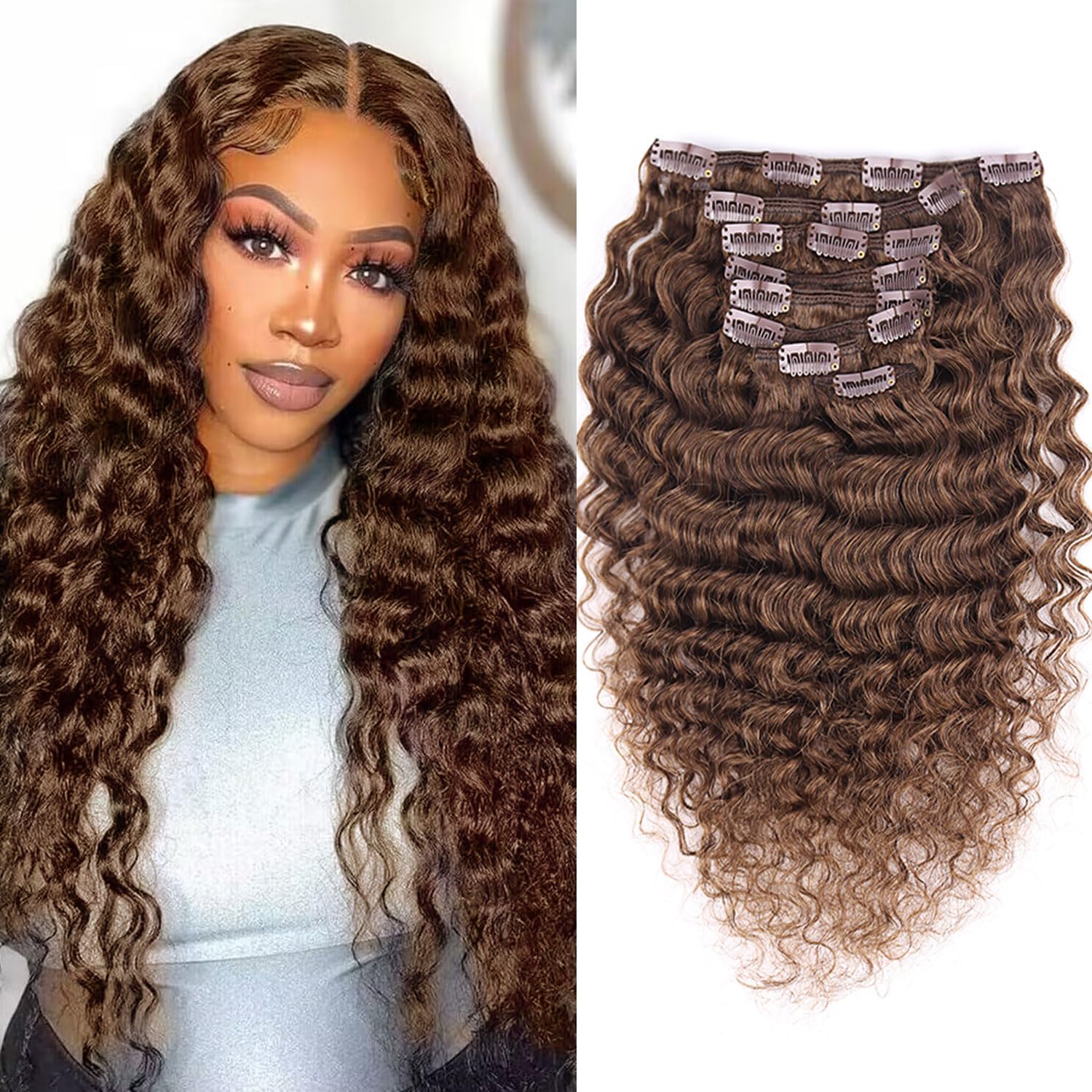 Wepwcod Deep Curly Hair Extensions Clip in Hair Extensions Real Human Hair 8Pcs With 18 Clips Clip in Hair Extensions for Women Deep Curly Clip ins Soft & Natural 120g (Brown-Deep, 16 inch)