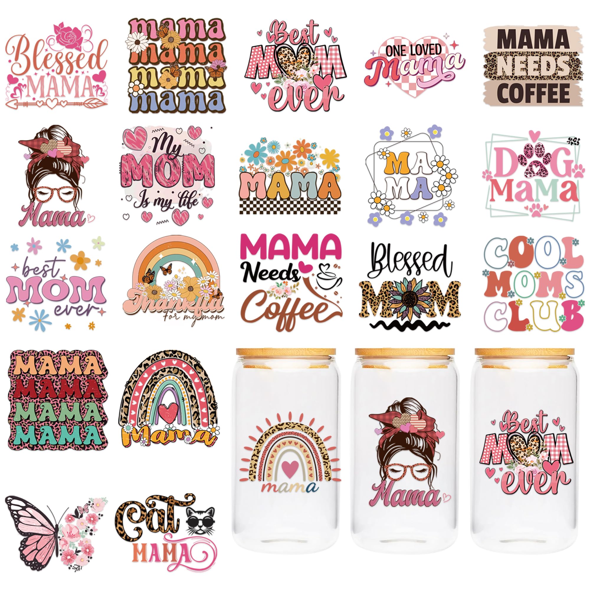 Photo 1 of CRASHOT UV DTF Cup Wraps - Mama UV DTF Transfer Sticker for Mug Water Bottle, Butterfly, Rainbow, Leopard Print Design UVDTF Cup Wrap, Decoration for Laptop, Glass, Waterproof Rub on Transfer