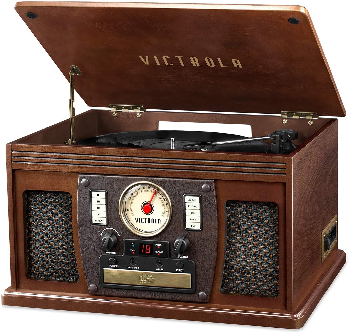 Victrola's 7-in-1 Sherwood Bluetooth Recordable Record Player with 3-Speed Turntable, CD, Cassette Player and FM Radio