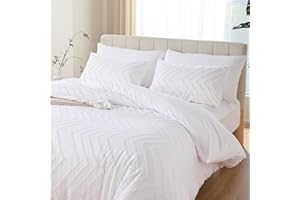 YIRDDEO White Comforter Queen Size 3Pcs, Boho Chevron Queen White Farmhouse Bedding Sets, Vertical Tufted Lightweight Neutral Boho Bed Set (1 Comforter, 2 Pillowcases)