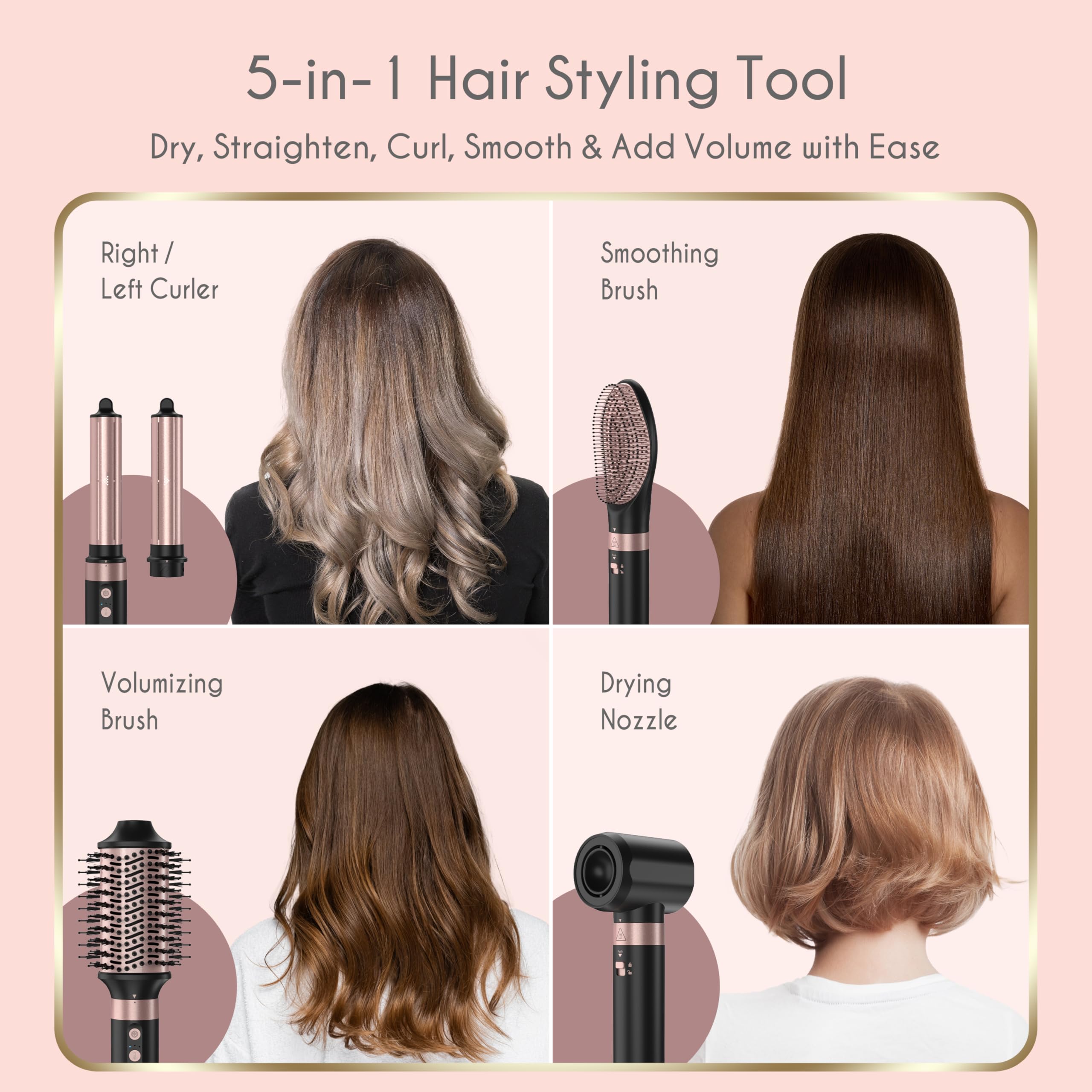 5 in 1 Ionic Hot Air Styler, 1400W Powerful Hair Dryer Brush, Auto-Wrap Curlers, Paddle Brush for Fast Drying, Curling, Straightening, Volumizing with Travel & Storage Bag