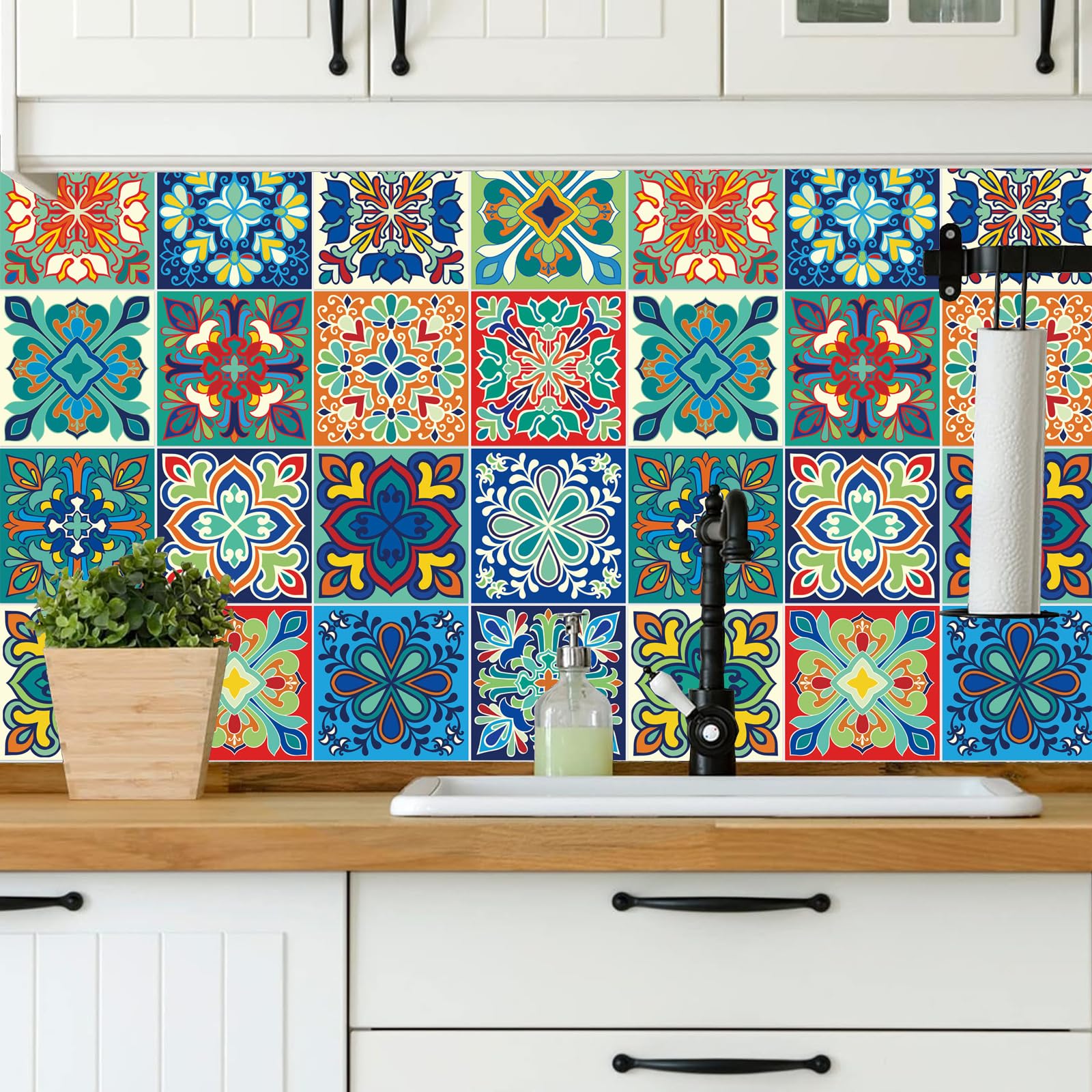 BANLMEYD 24pcs Tile Stickers Colorful2 Bathroom Tile Stickers for Kitchen Bathroom Living Room Fireplace Stairs Backsplash Home Waterproof Moroccan Stickers for Tile 6"x6" 15x15cm