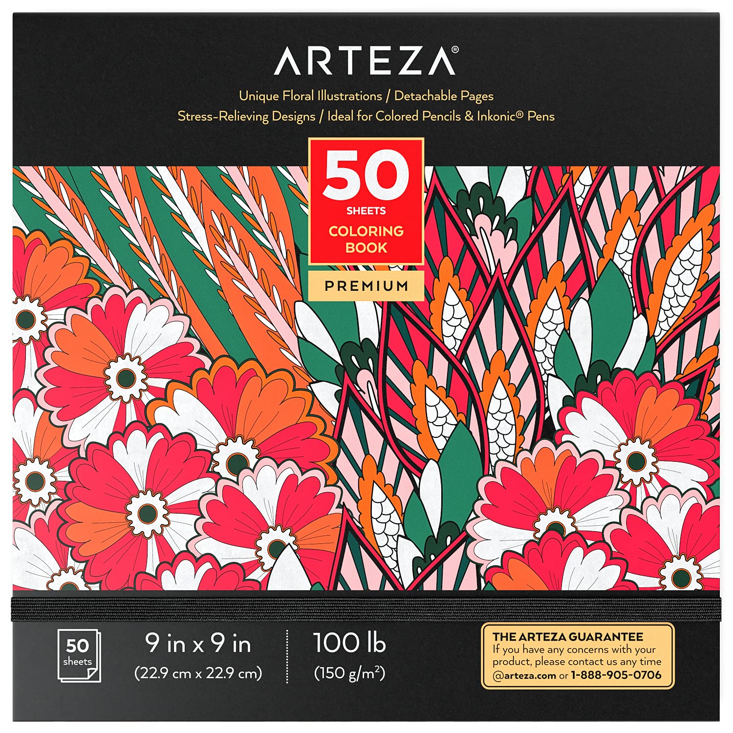Arteza Adult Coloring Book, 9 x 9 Inches, Floral Designs, Stress-Relieving Coloring Book for Adults with 50 Different One-Sided Images, Art Supplies for Relaxing, Reflecting, and Decompressing