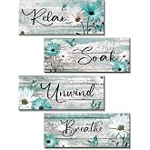 Sunnyray 4 Pcs Farmhouse Teal Bathroom Wall Decor Relax Soak Unwind Breathe | Wooden Word Sign 10 x 4 Inch Rustic Turquoise Bathroom Wall Decor Daisy Butterfly Wall Art Wood Plaque for Toilet Living Room