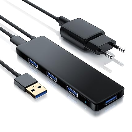 CSL – aktiver USB 3.0 Hub mit Netzteil - Ultra Slim 4-Port Verteiler | Datenhub für PC PS4 Notebook Netbook Laptop Ultrabook 