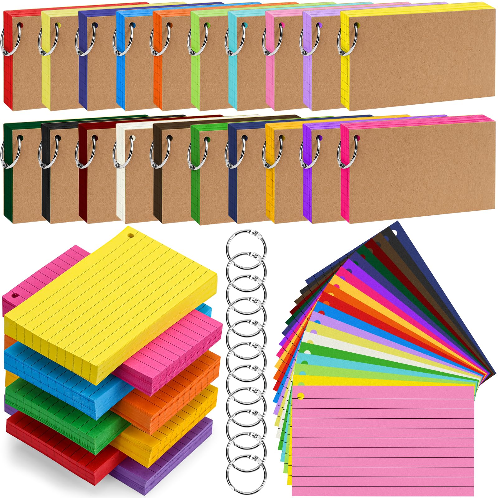 Photo 1 of 2000 PCS Colored Index Cards 3x5 In Flash Cards with Ring, 20 Colors Punched Lined Flashcards Ruled Index Cards Notecards Study Cards Heavy Note Card for Studying Office To Do List