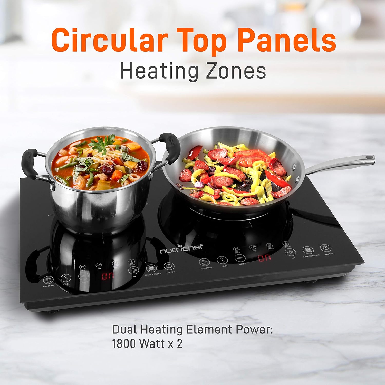 NutriChef Double Induction Cooktop 120V Portable Digital Ceramic Dual Burner w/Kids Safety Lock-Works with Flat Cast Iron Pan,1800 Watt,Touch Sensor, 12 Controls PKSTIND48: Kitchen & Dining