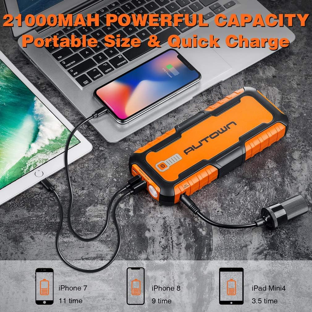 AUTOWN Car Jump Starter - 21000mAh 1000A Peak, 12V Auto Battery Booster with Quick Charge (Up to 8.0L Gas, 6.5L Diesel Engine), Portable Power Pack & Jump Box with Smart Jumper Cables and LED Light: Automotive