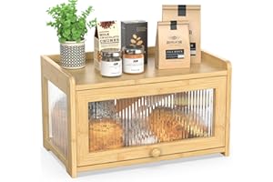 BAMBANG Extra Large Bamboo Bread Box for Kitchen Counter, Bread Storage Container Farmhouse Bread Box with 3 Sides Wavy & Bac