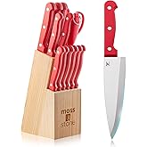 Moss & Stone 14 Pcs Knife Block Set Stainless Steel, Premium Forged Kitchen Knives Set with High-Carbon Blades, Ergonomic Handle, Sharp Blade, Rust Resistant, Modern Style for Home & Chef, Red