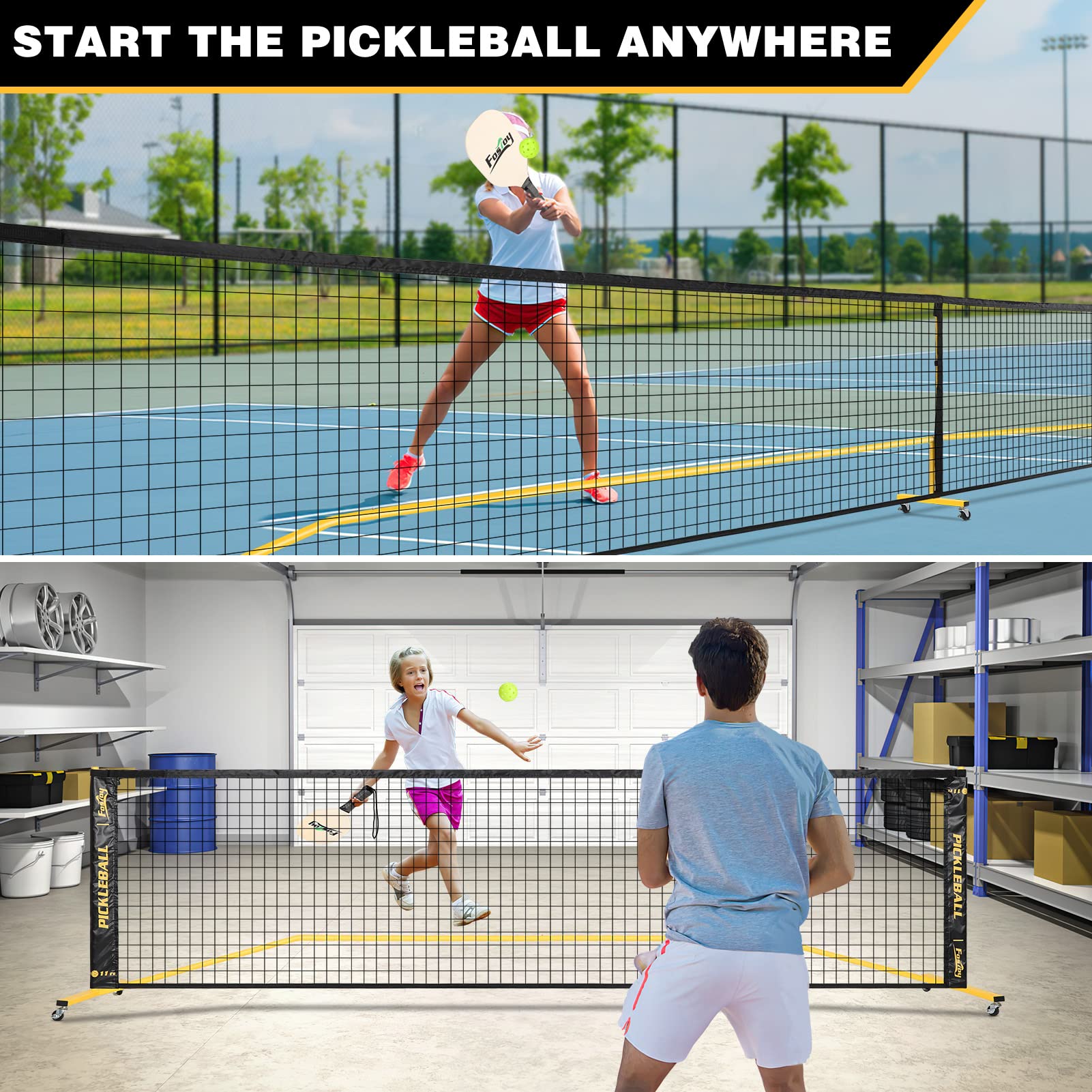 Portable Pickleball Net Set with Wheels, Regulation Size 22 FT & Half Court 11 FT, Steady Metal Frame Pickle Ball Net Set System with Carry Bag for Backyards, Driveways, and Garages