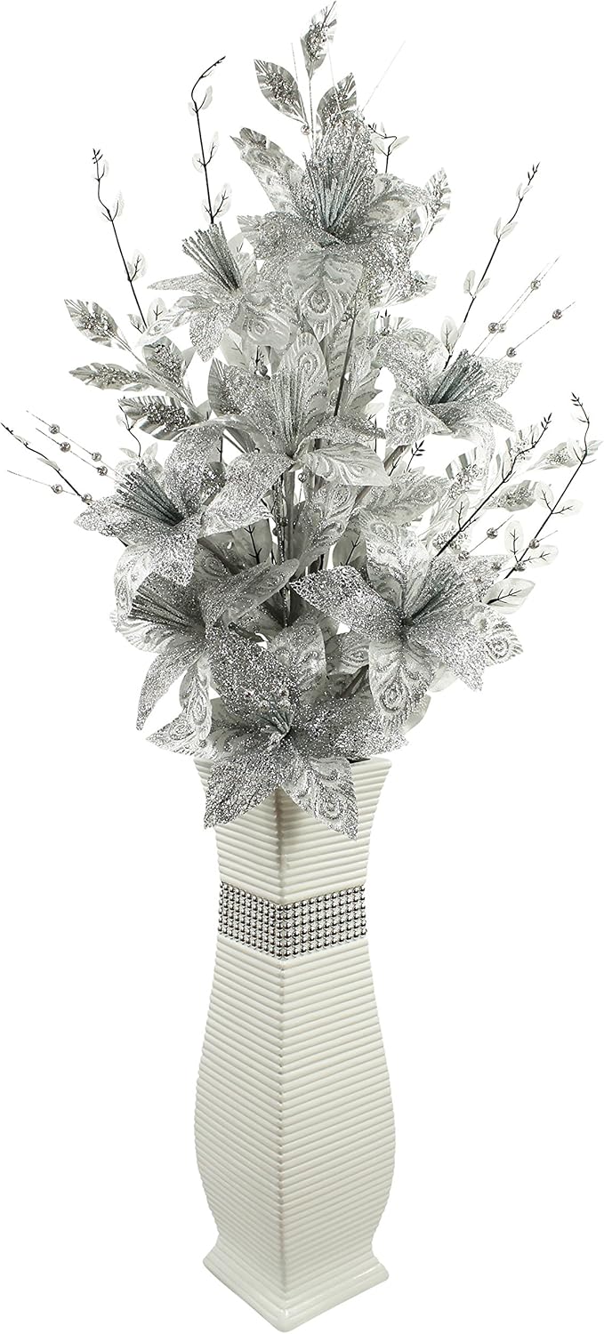 Large White Floor Vase With Silver Sparkle Artificial Flowers