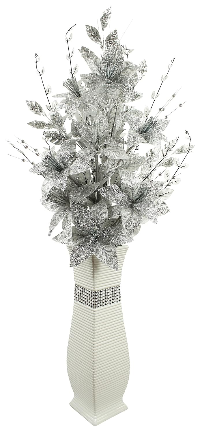 Large White Floor Vase With Silver Sparkle Artificial Flowers Bling 1 3m Tall