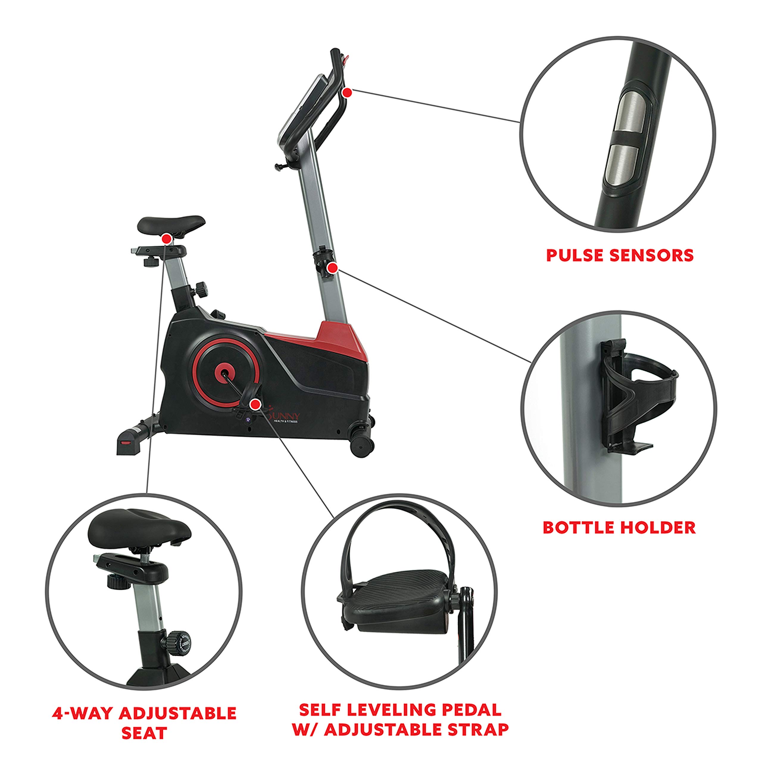Sunny Health & Fitness Evo-Fit Stationary Upright Bike with 24 Level Electro-Magnetic Resistance - SF-B2969 Black/Red
