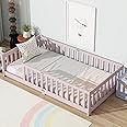 Twin Floor Bed with Safety Guardrails for Kids, Rubber Wood Montessori Bed with Slats, Twin Size Bed Frame for Girls and Boys,No Box Spring Needed,Pink