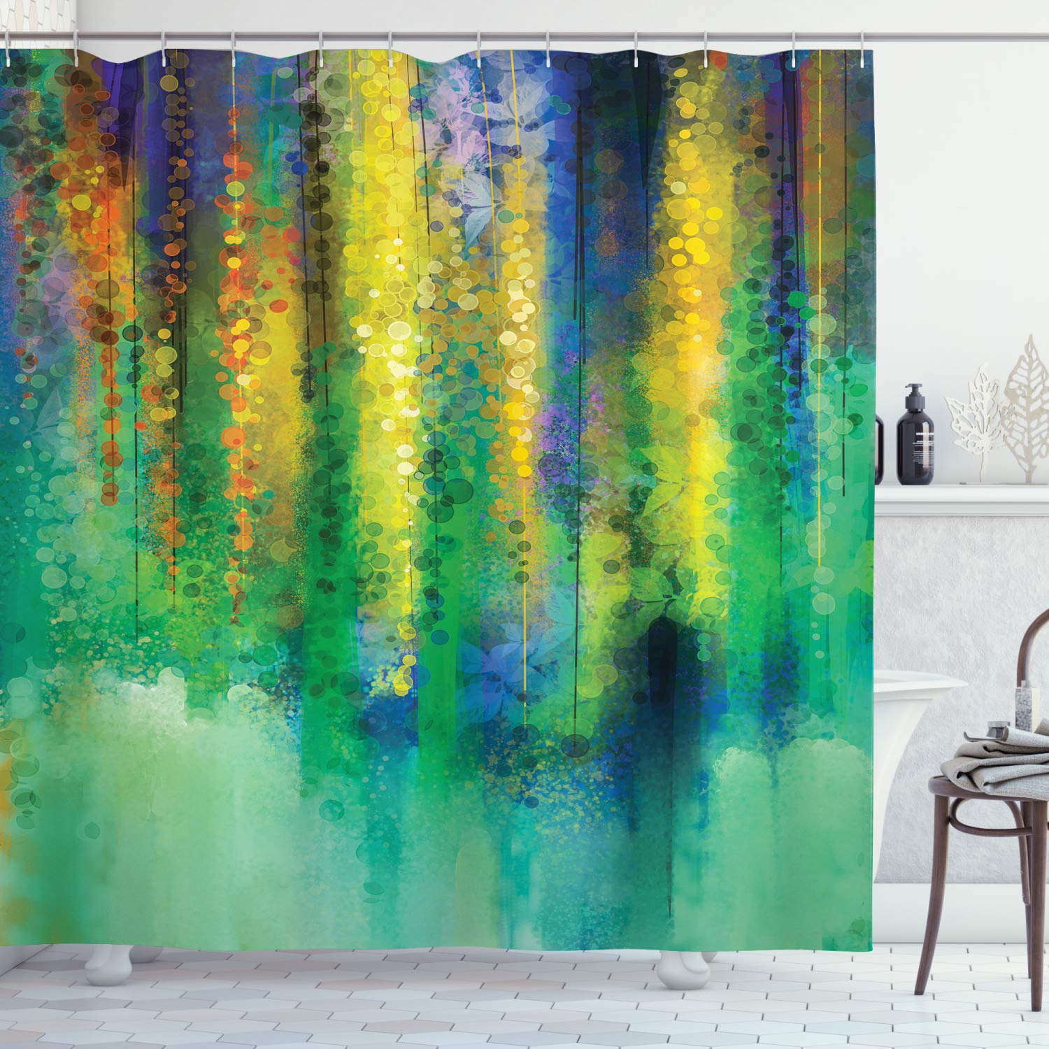 ABAKUHAUS Watercolor Flower Shower Curtain, Abstract Style Spring Floral Watercolor Style Painting Image Nature Art, Cloth Fabric Bathroom Decor Set with Hooks, 175 x 240 cm, Green Yellow