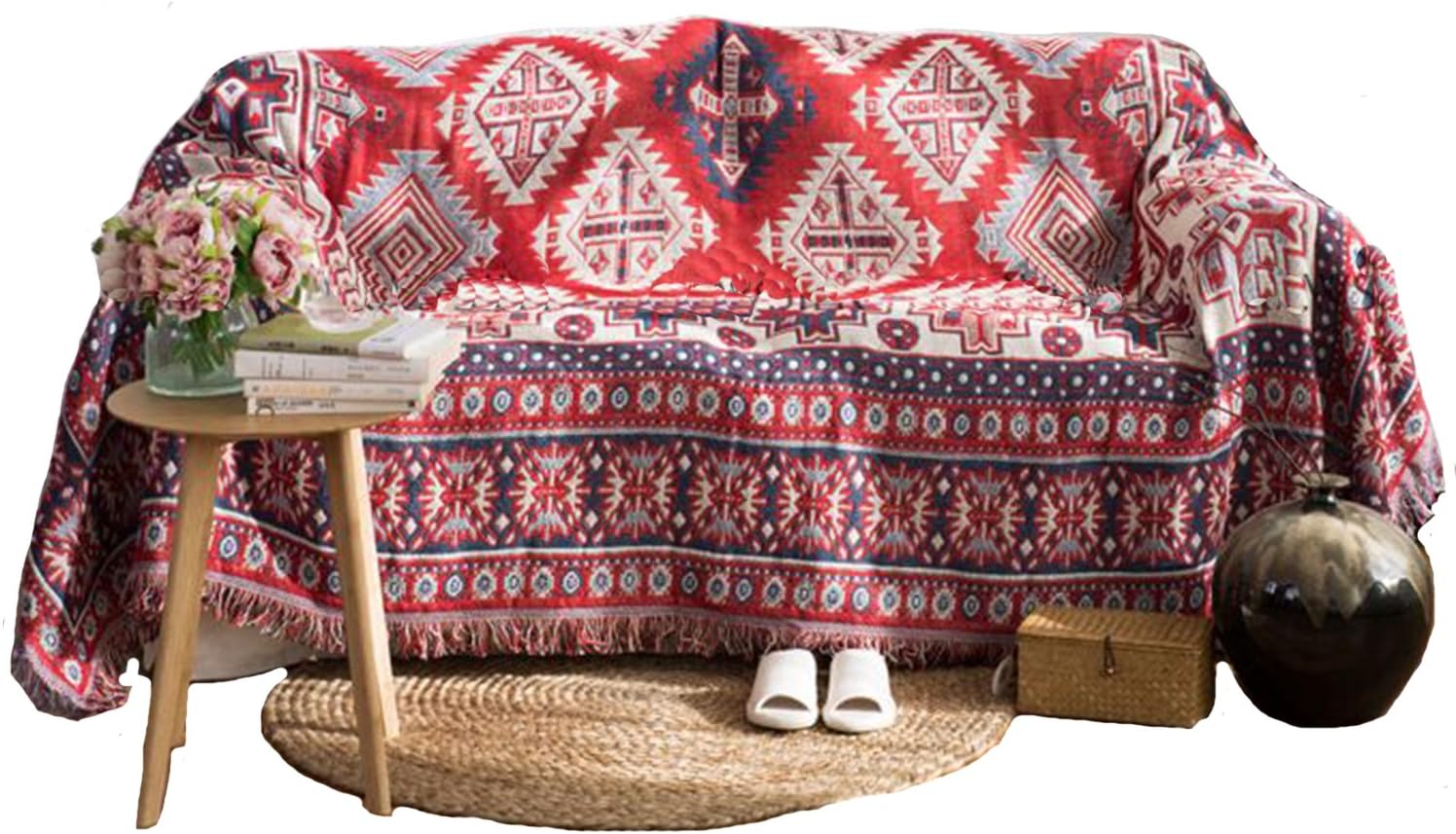 UNIGARDEN 51" X 71" Inches Multi-Function Throw Blanket Double Sided Cotton Woven Couch Throw (Red Square, 51"X71")