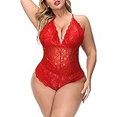 Aranmei Sexy Plus Size Teddy Lingerie,Snap Crotch Lace Bodysuit,Deep V One Piece Lingerie for Women 1X-4X
